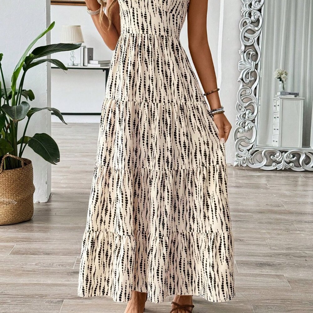 Apricot Boho Women's Belted Spaghetti Strap Patchwork Dress - Picture 5 of 6